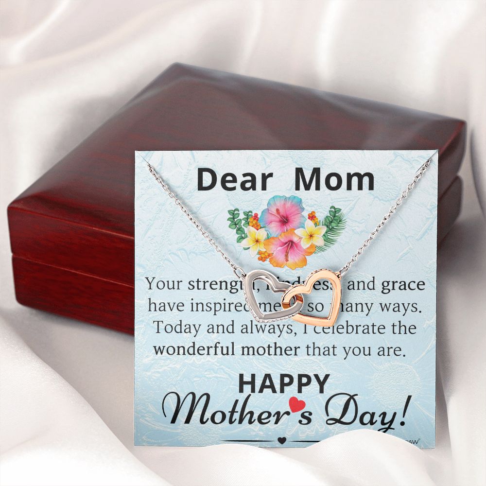 Interlocking Heart Necklace with Happy Mother's Day Message Card and Mahogany-style Gift Box - Perfect Mother's Day Gift
